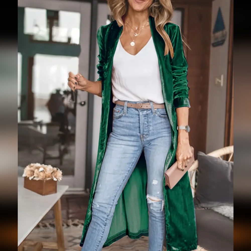 Kelly green Solid Velvet Open Front Duster